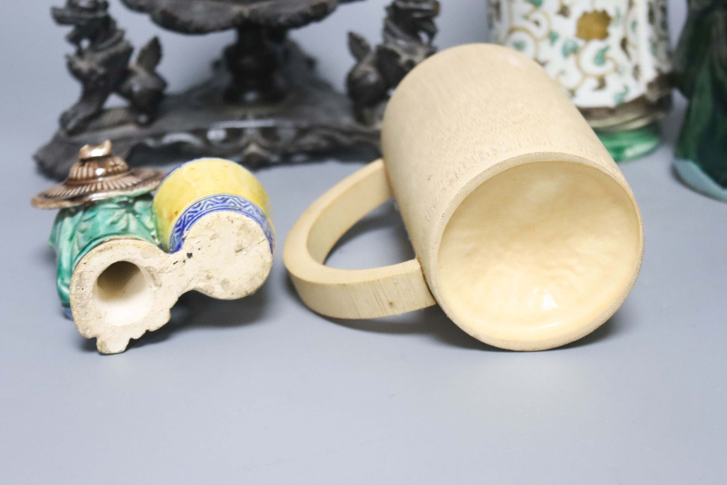A group of Chinese and Japanese ceramics, a cloisonné enamel vase and a Burmese wood stand, tallest 27 cm